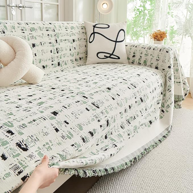 DREAMINGO Abstract Chenille Couch Cover Blanket Beige Green Black Boho Sofa - Image 2