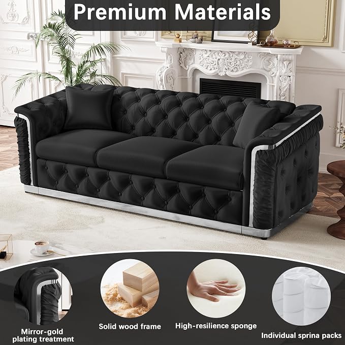 84.6" Luxury Chesterfield Sofa Velvet Tufted Sofa Black and Silver Couch - Image 5