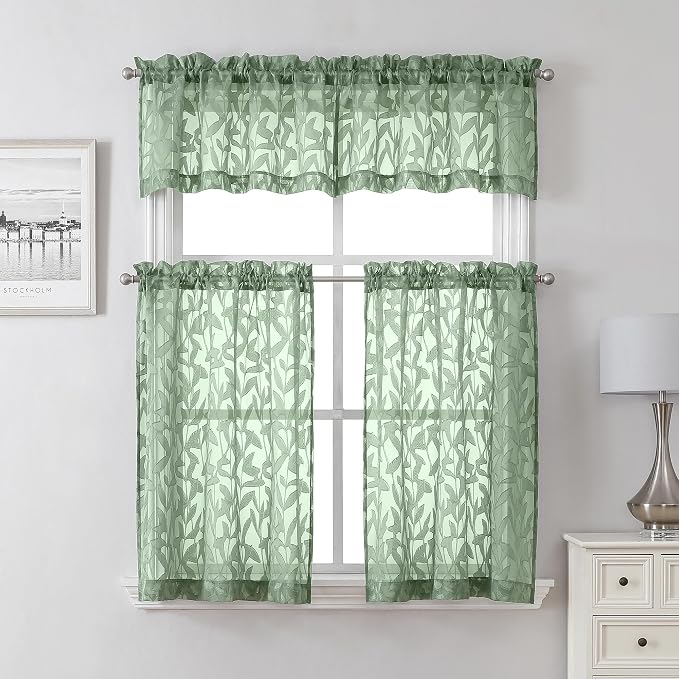 Lecloud Leia Sage Green Sheer Kitchen Curtains 18 Inch Length 2 Pcs, Jacquard - Image 8
