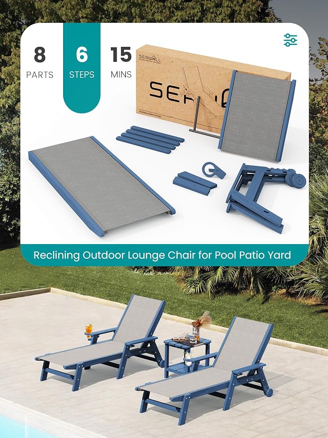 SERWALL Textilene Patio Chaise Lounge Chair, 5 Positions Adjustable Outdoor - Image 8