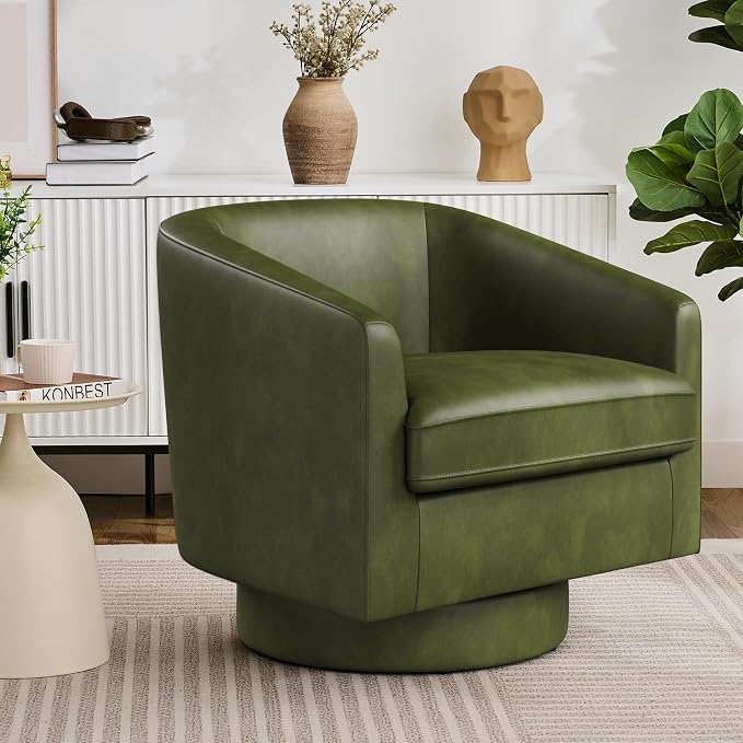 Swivel Barrel Accent Chair, Round Faux Leather Living Room Arm Chairs, Modern by ErdoruLiving