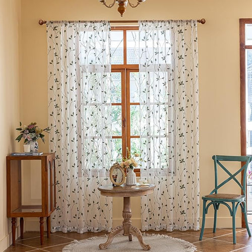 AmHoo 2 Panels Embroidered Leaf Pattern Semi Sheer Curtains Foliage Floral - Image 2