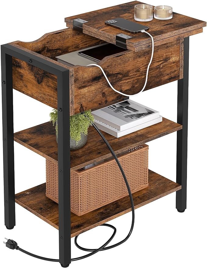 HOOBRO End Table with Charging Station, Narrow Side Table, Flip Top Nightstand by HOOBRO