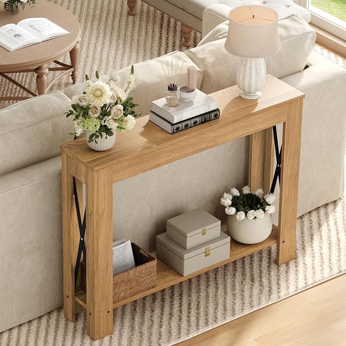 YATINEY Farmhouse Console Table, 39.4'' Small Narrow Entryway Table, Wood Couch - Image 2