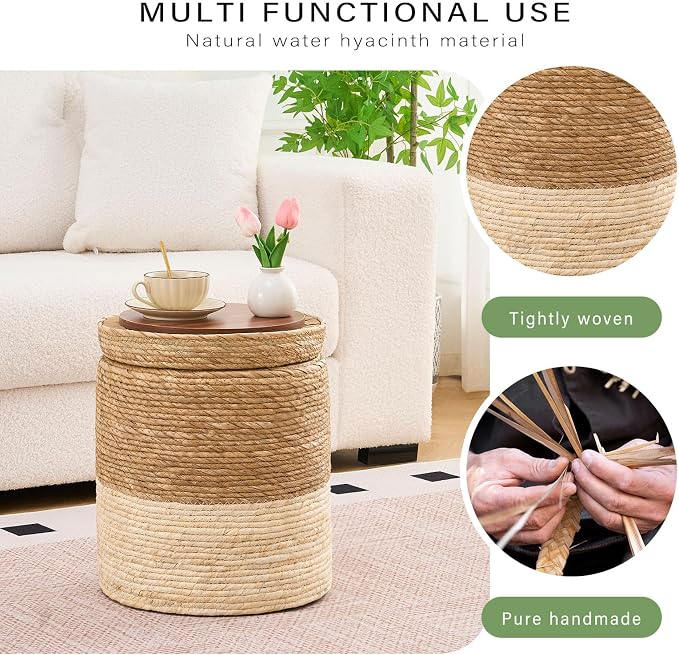 Wimarsbon Round Pouf Ottomans, Handwoven Natural Water Hyacinth Seagrass Pouffe - Image 4