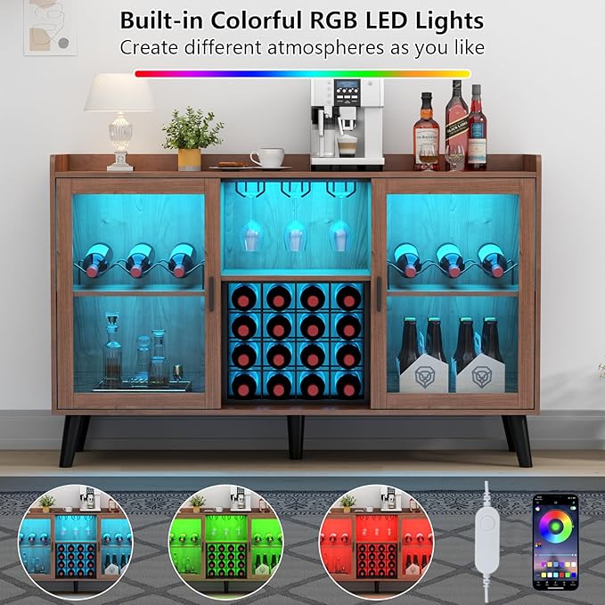 Auromie Wine Bar Cabinet with Led Light, Home Coffee Cabinet with Wine and - Image 5
