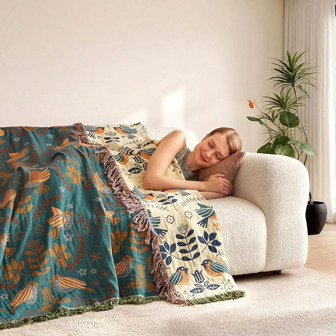 LUTBM King Throw Blanket for Bed 100% Cotton Boho Soft Rustic Quilt Birds and - Image 8
