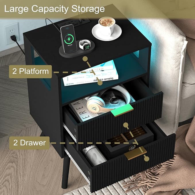 JOONEE Black Nightstand with Charging Station and LED Lights, Modern Bedside - Image 6