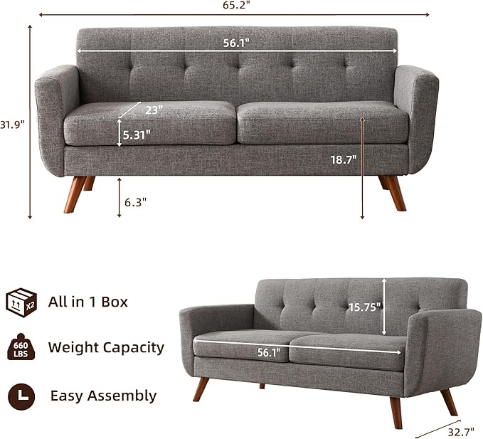 Tbfit 65" W Loveseat Sofa, Mid Century Modern Love Seat Couches - Image 2