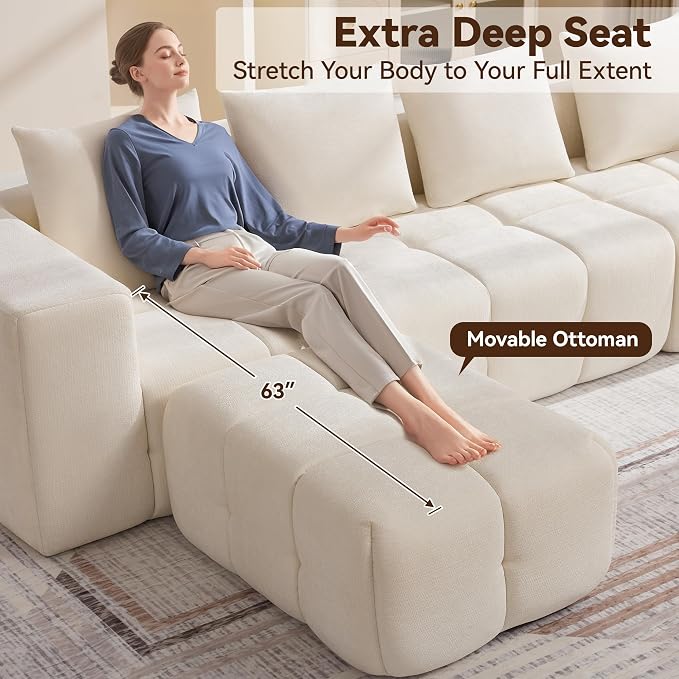 119" Boneless Couch, Oversized Cloud L Shaped Couch, Modular Sectional 4 Seater - Image 4