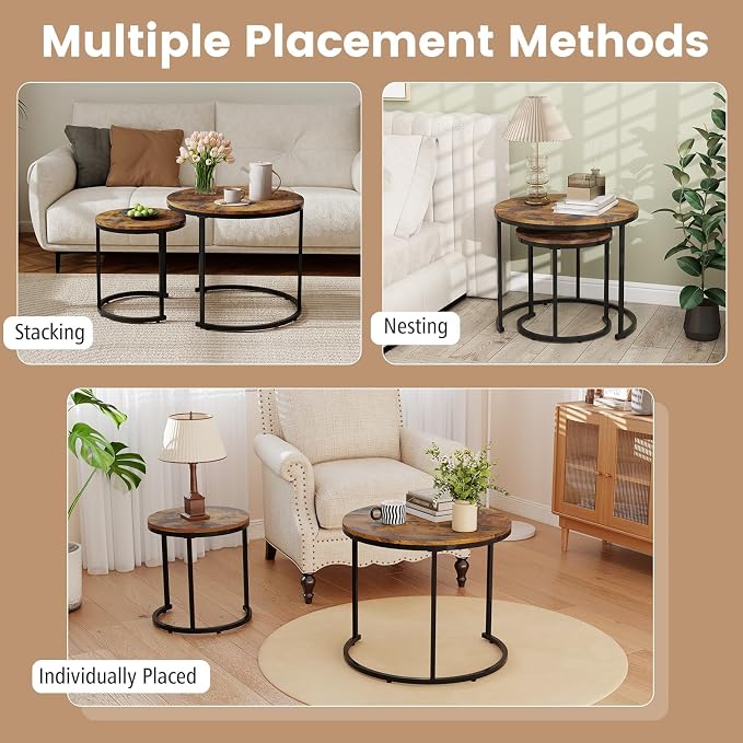 Giantex Nesting Coffee Table Set of 2, Round Stacking Side Tables w/Wooden - Image 5