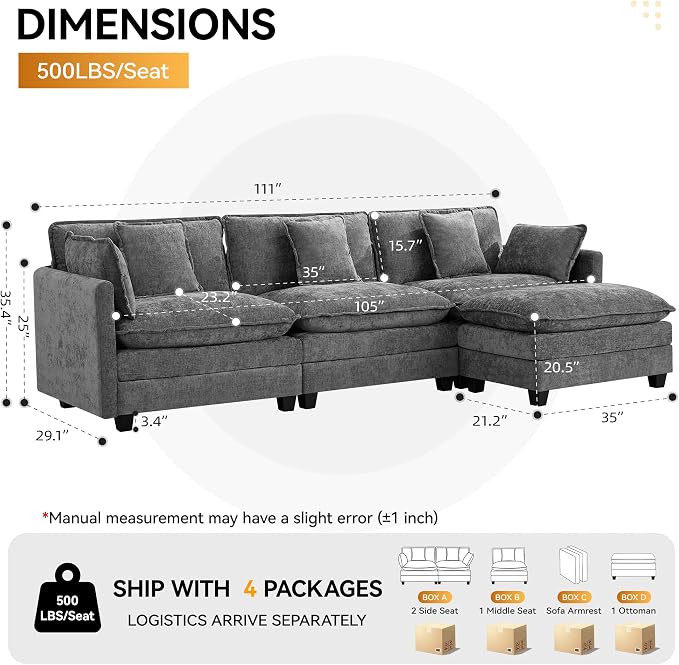 111'' Sectional Cloud Deep Seat Couch, Modern Comfy Chenille L Shaped Sectional - Image 2