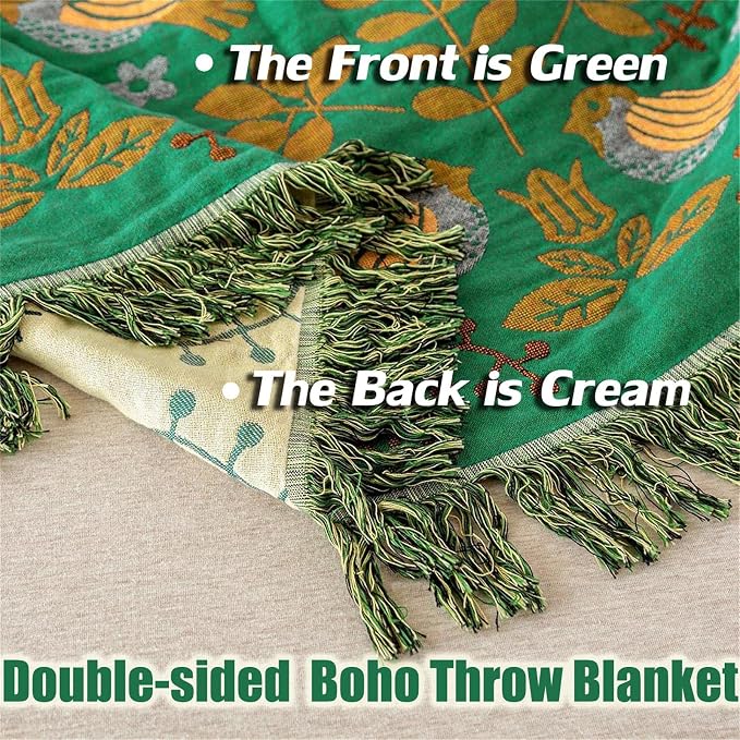 MSGKV Boho Throw Blanket 100% Cotton Green Blanket 90''x 98'' Spring Reversible - Image 8