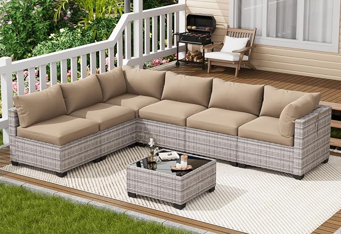 LOUVIXA 7 Piece Outdoor Patio Furniture Set, Outdoor Sectional Sofa, Wicker - Image 7