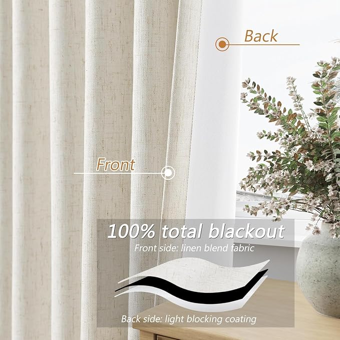 Guken 100% Blackout Cream Linen Curtains 40 Inch Wide by 90 Inch 2 Panels Set - Image 4