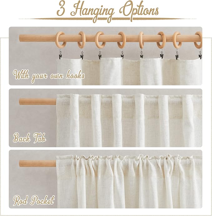NICETOWN Small Curtains 36 inches Long 2 Panels Set, Rod Pocket & Back Tab Flax - Image 3
