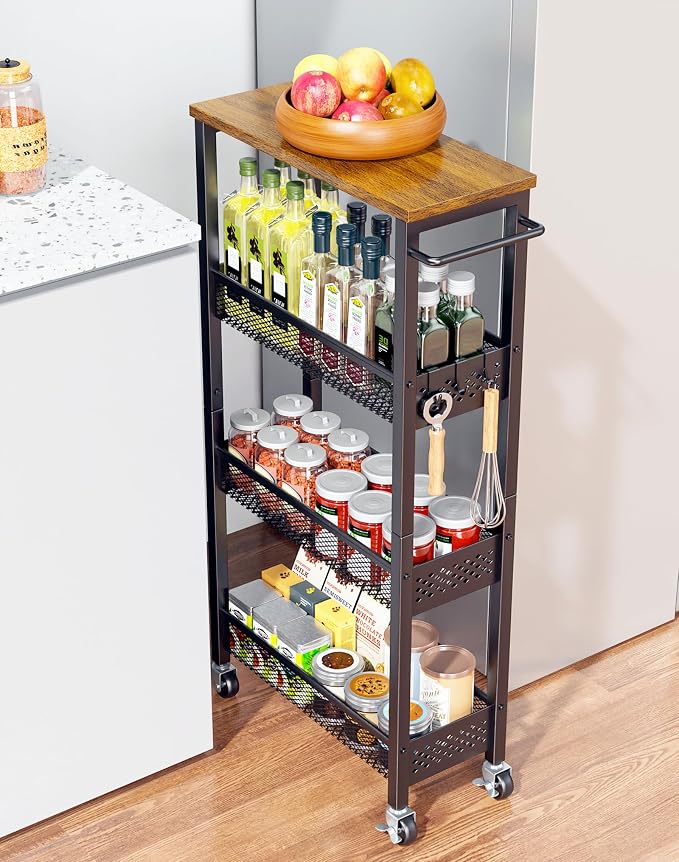 OKZEST Utility Slim Storage Cart, 4 Tier Small Rolling Kitchen Laundry Room Cart by OKZEST