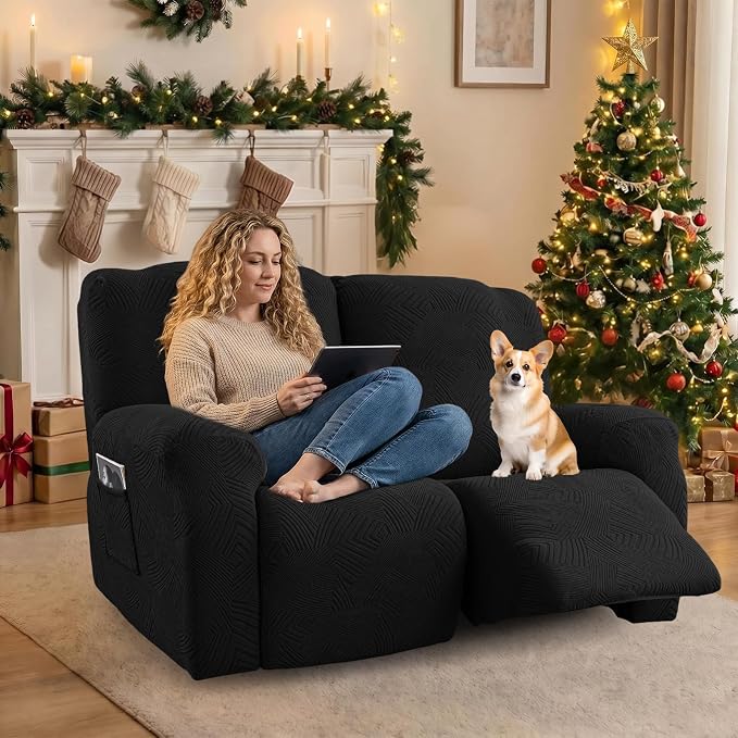 Recliner Loveseat Covers, 4-Piece Stretch Geometric Strokes Jacquard Reclining - Image 5