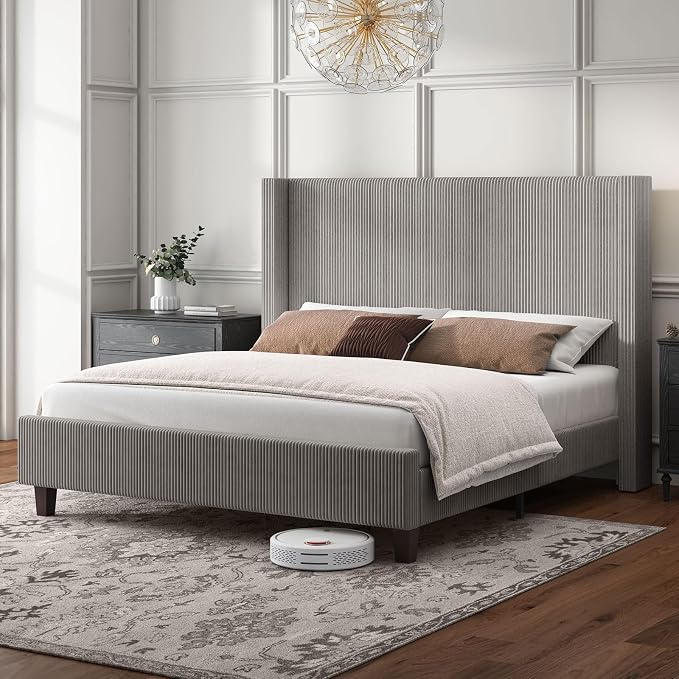 HOWE Queen Size Bed Frame with 50.8" Tall Wingback Headboard, Modern Corduroy by HOWE