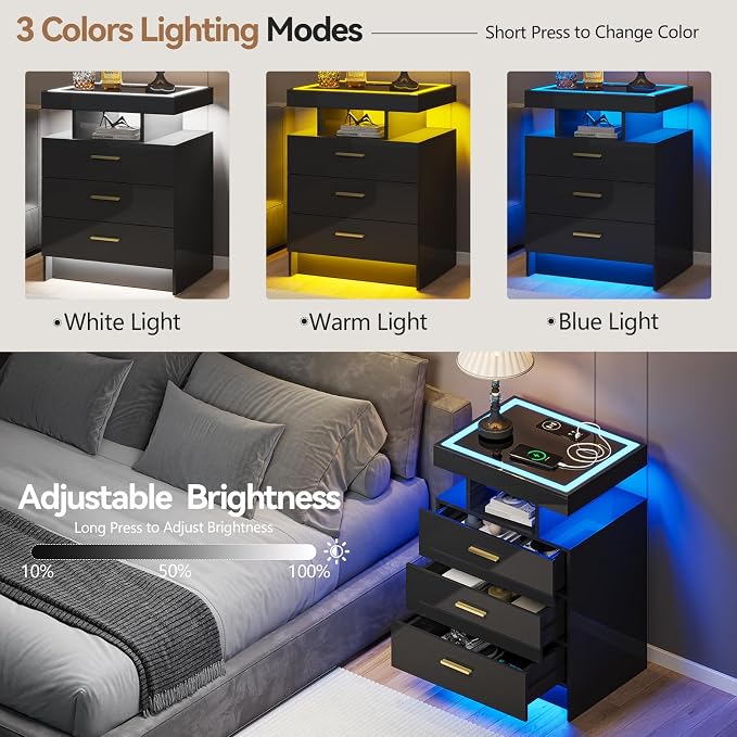 Black Night Stand Set 2 with Wireless Charging Station, Smart Bedside Table - Image 5