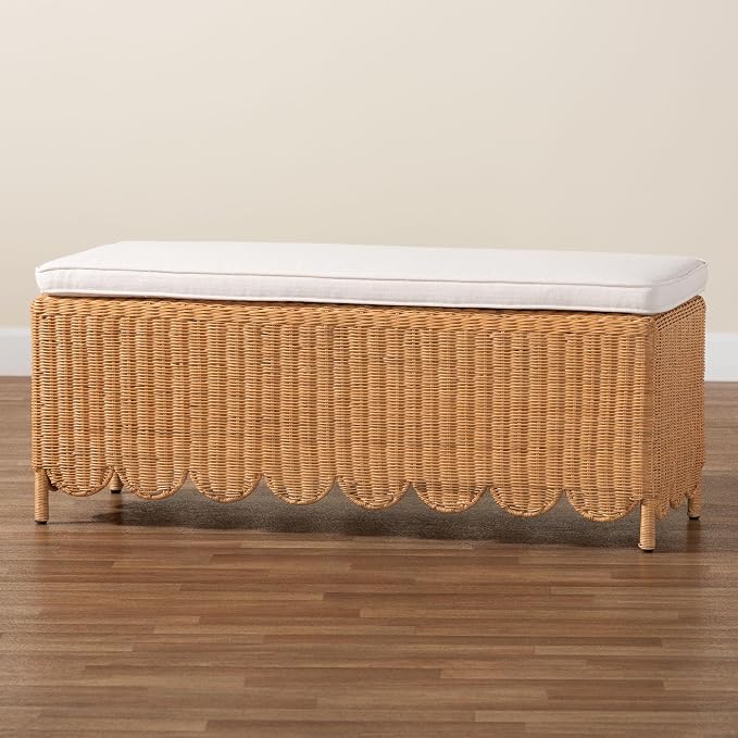Bali & pari Teresa Bohemian Light Honey Scalloped Rattan Ottoman Bench - Image 8