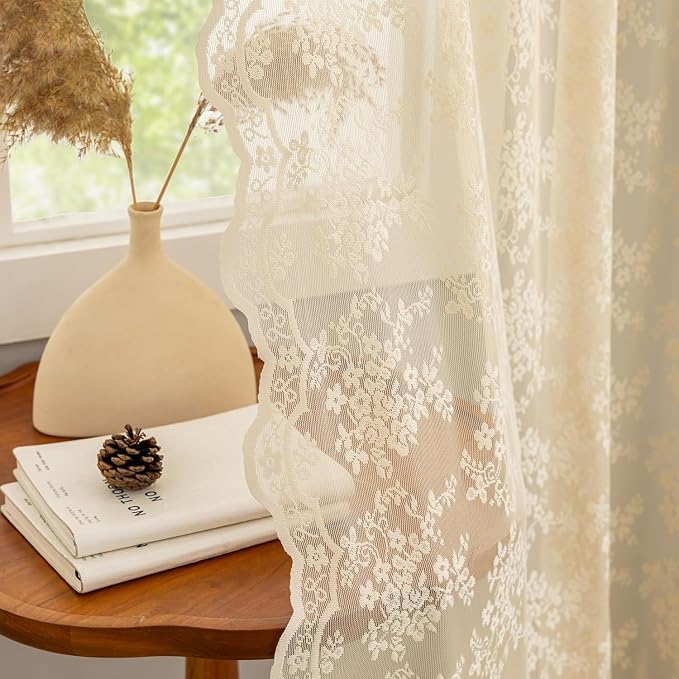 YJ YANJUN Vintage Lace Curtains 132 Inches Long-Victorian Floral Fancy Beige - Image 2