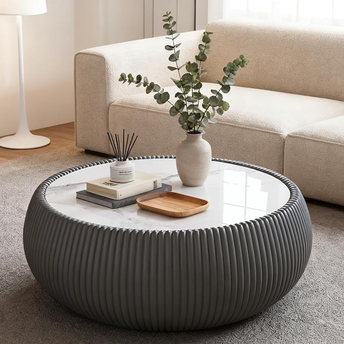 SSLine Round Drum Coffee Table Modern Sintered Stone Top Coffee Table in Grey - Image 4