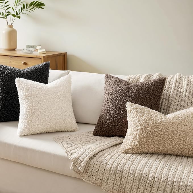Faux Fur Throw Pillow Covers 20x20 Inch Set of 2 Boucle Neutral Decorative - Image 2