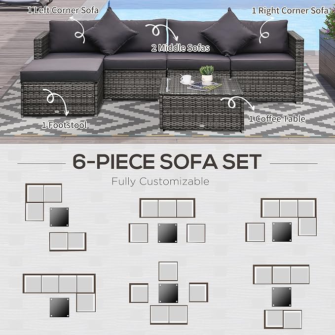Outsunny 6 Piece Patio Furniture Set Outdoor Wicker Conversation Set All - Image 6