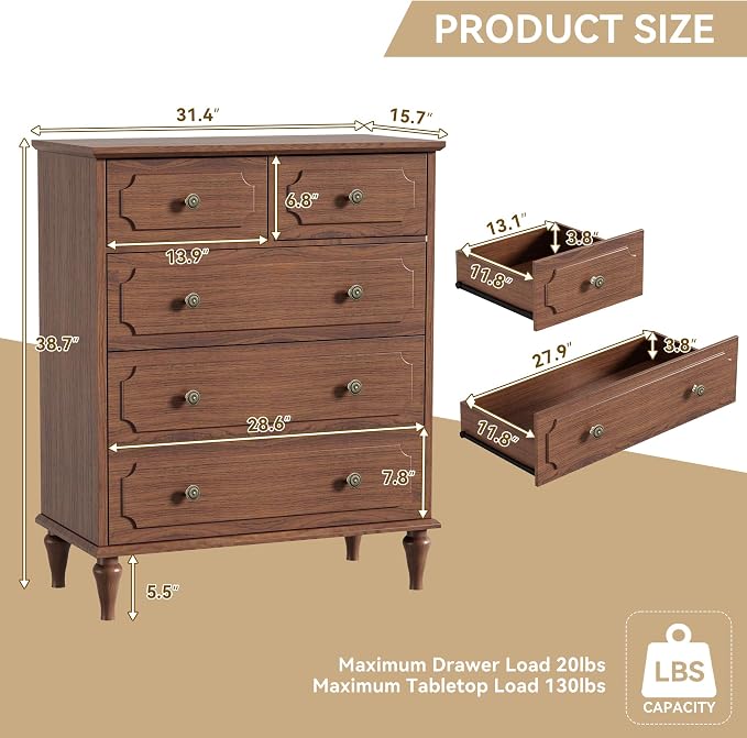 Brown Dresser for Bedroom with 5 Drawers, Vintage Tall Dresser with Smooth - Image 2