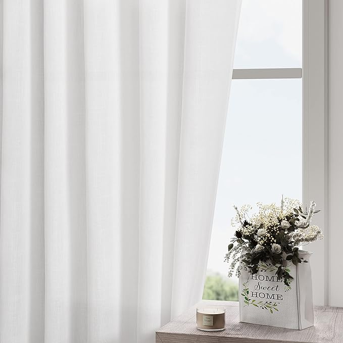 Nanspring White Linen Back Tab Rod Pocket Curtains 52 Inch Length - Image 2