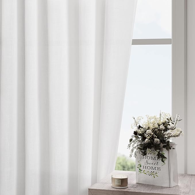 White Cafe Curtains 45 Inch Length Set 2 Panel Back Tab Pocket Semi Sheer Short - Image 2