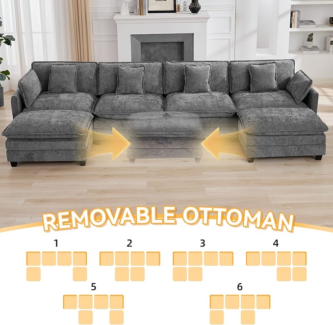 147'' Sectional Cloud Deep Seat Couch, Oversized Chenille U Shaped Sectional - Image 6