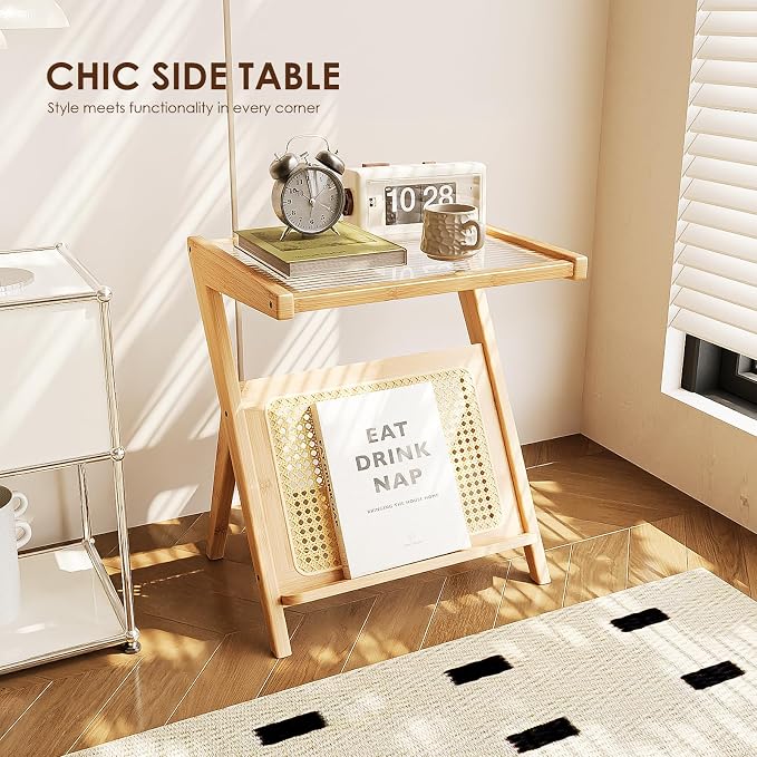 Bamworld Rattan Side Table Boho Night Stand Glass Bedside Small End Tables - Image 6