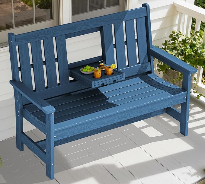 SERWALL Outdoor Bench with Cup Holder, Oversized 58" HDPE Porch Bench Suitable by SERWALL