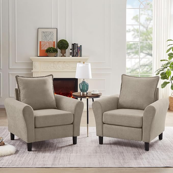 Mid-Century Accent Chairs Set of 2, Modern Linen Fabric Armchair - Image 7