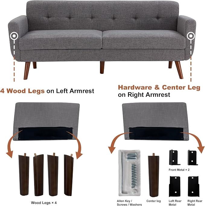Tbfit 77.2" W Linen Sofa Couch, Mid Century Modern Decor Loveseat Couches - Image 9