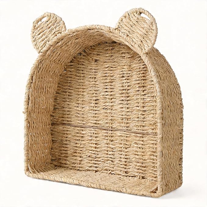 Arched Bear Nursery Wall Shelf, Handwoven Wicker Nursery Shelf by Rattanzenith