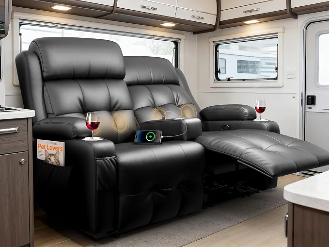 Reclining Loveseat, 55.1" RV PU Leather Wall Hugger Recliner Love Seats Sofa by FurgattiEnjoyYourLife