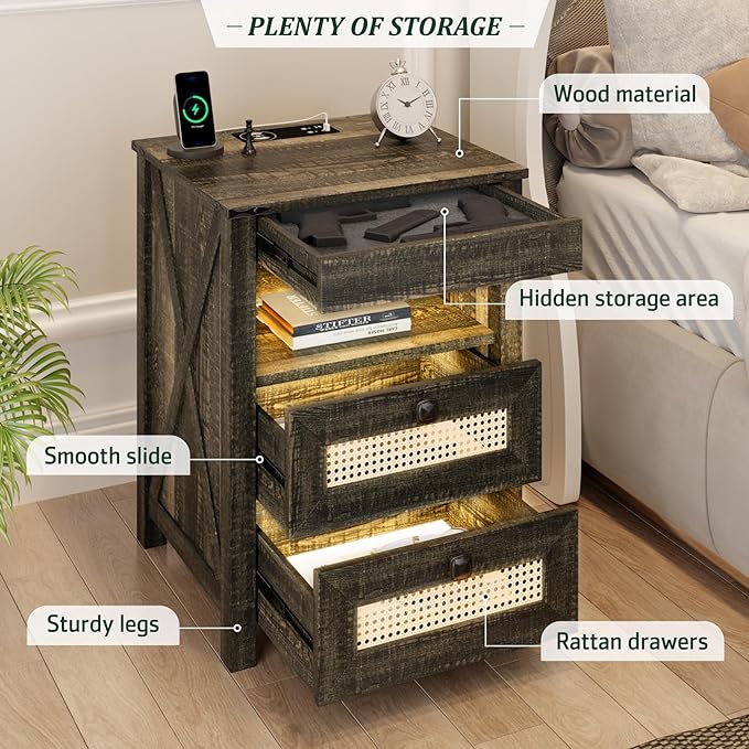 Farmhouse Night Stand with Gun Drawer, Bedside Table with Charger Station - Image 6