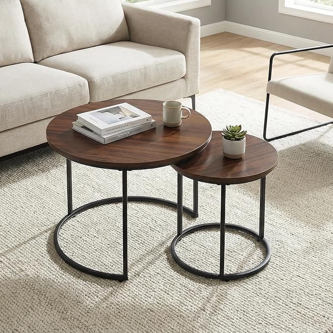 Round Nesting Coffee Table Set of 2, Modern Marble Pattern Wooden Nesting Tables by Cuizehua