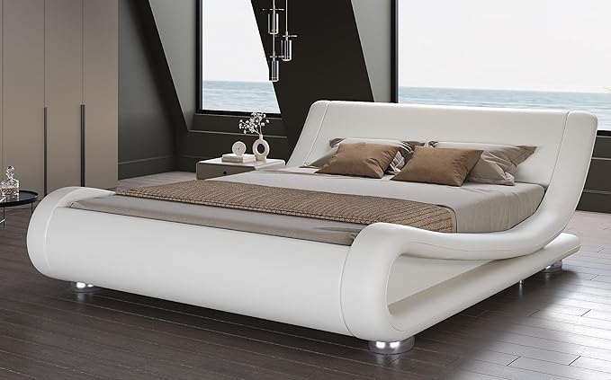 SHA CERLIN Queen Size Upholstered Bed Frame, Deluxe Low Profile Sleigh Bed by SHACERLIN