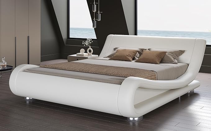 SHA CERLIN King Size Upholstered Bed Frame, Deluxe Low Profile Sleigh Bed by SHACERLIN