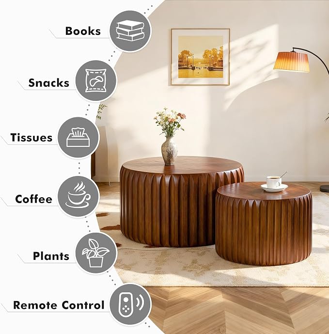 Round Nesting Coffee Table Set of 2, Mid Century Modern Wood Fluted Coffee Table - Image 4