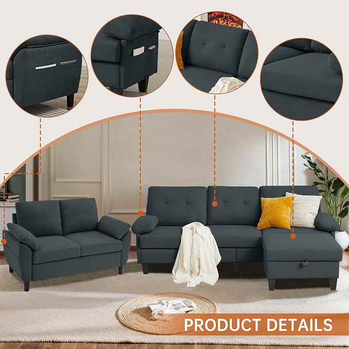 84" Convertible Sectional Sofa Set, 3 Seat L Shaped Couch - Image 4