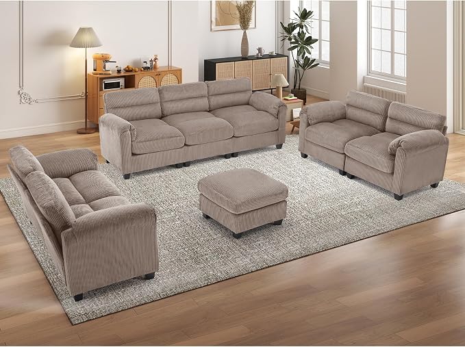 HAOMARKETS Corduroy Sofa Set, Upholstered Ottoman, Loveseat Set of 2, and by HAOMARKETS