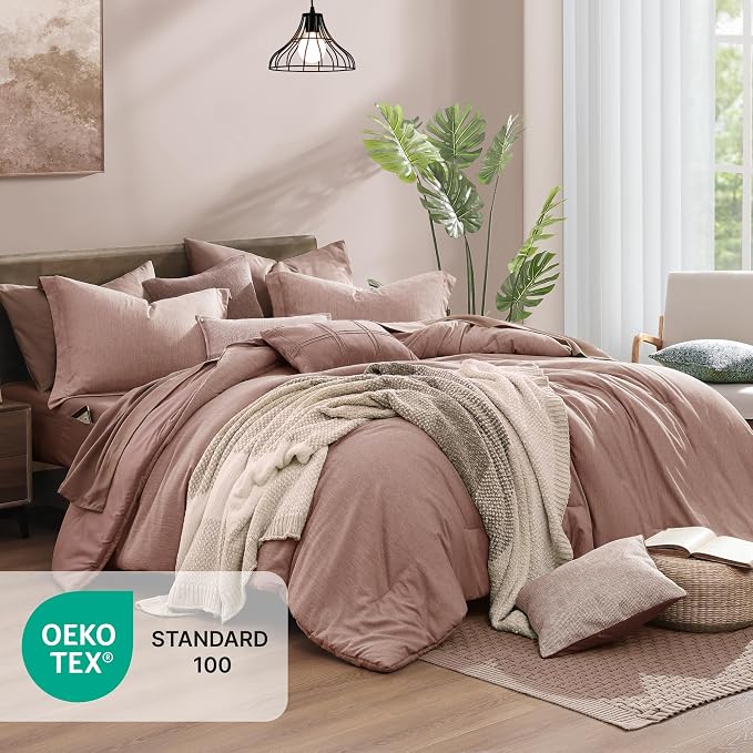 Monbix King Size Comforter Set, 7 Pieces Dusty Pink Cationic Dyeing Bed in a - Image 2
