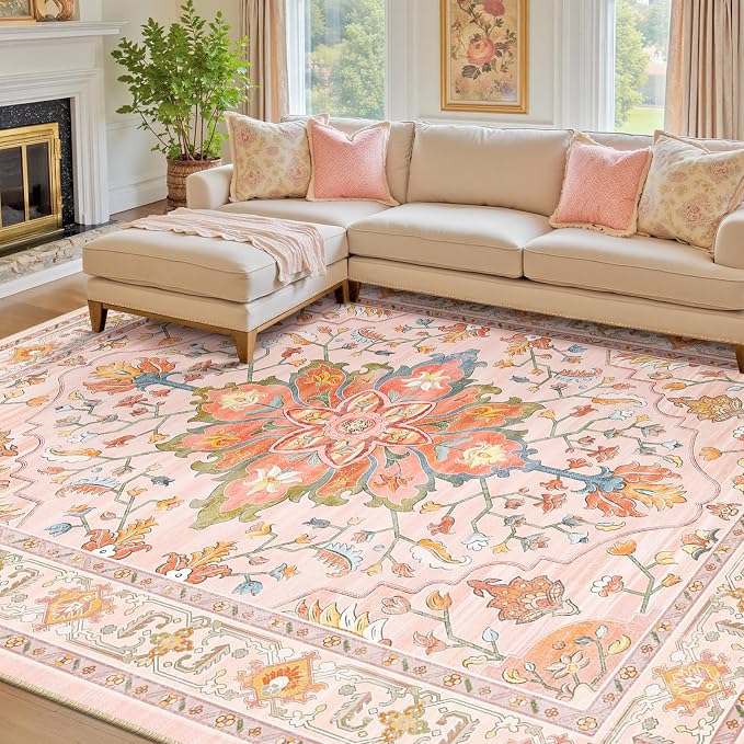 RELEANY Area Rugs 7'x10' Washable Non-Slip, Floral Vintage Distress Print by RELEANY