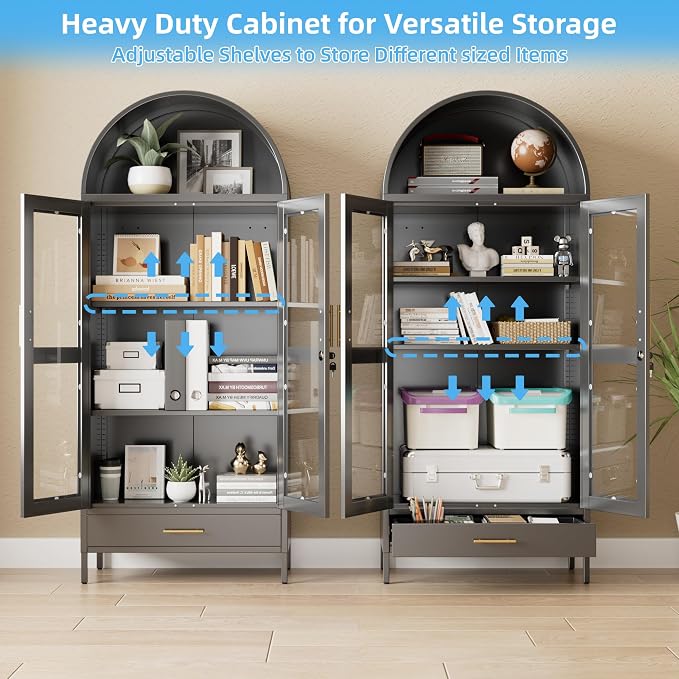 Arched Cabinet with Glass Doors, Modern Kitchen Pantry Cabinet with 2 - Image 6