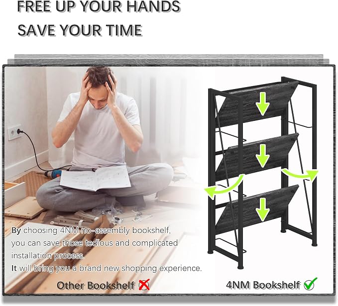4NM No Assembly Folding Bookshelf Storage Shelves 3 Tiers Vintage Bookcase - Image 6